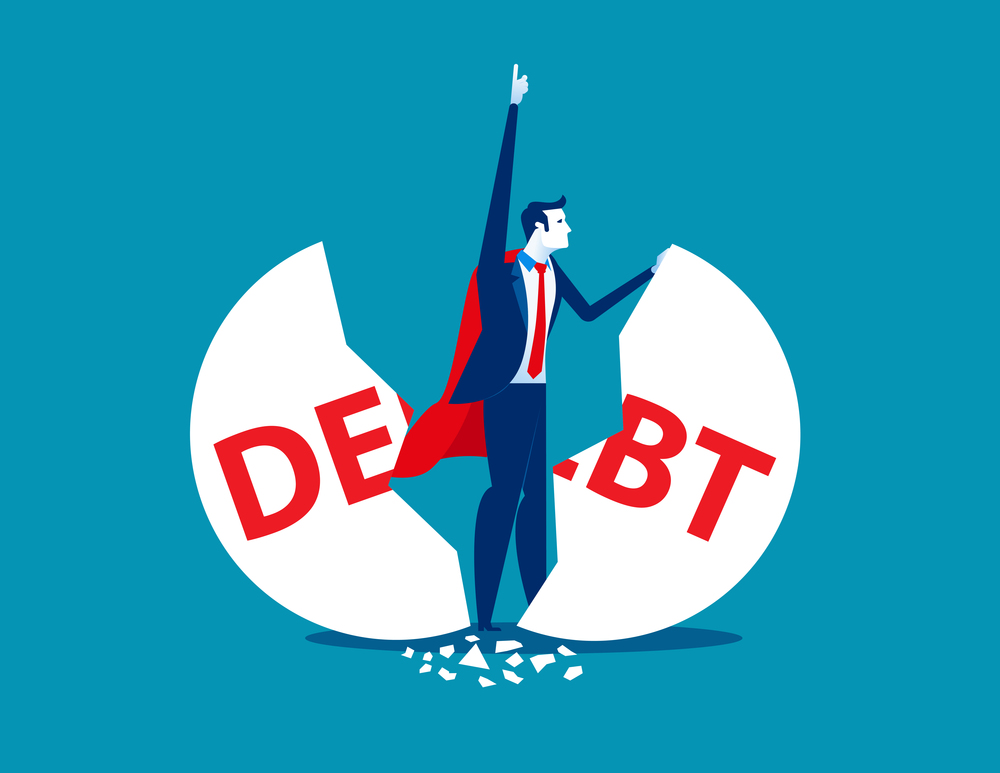 Debt Management. Super businessman punch cracked big debt. Concept business vector illustration.