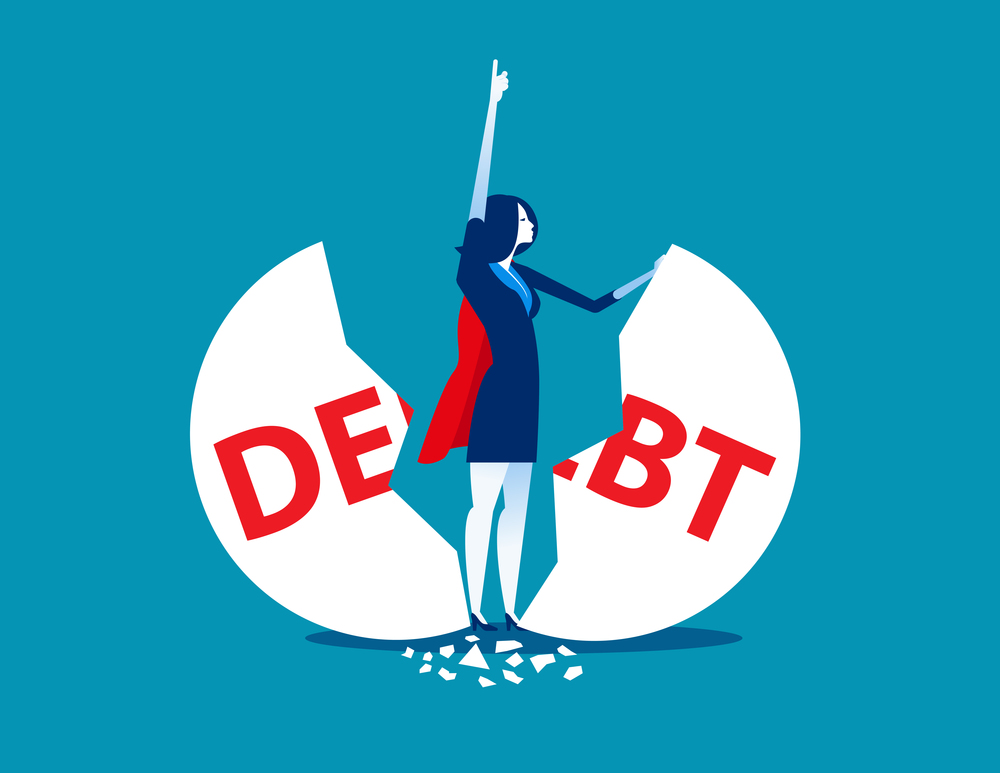 Debt Management. Super businesswoman punch cracked big debt. Concept business vector illustration.