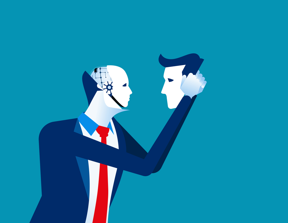 Robot in businessmen head. Concept business technology vector illustration.
