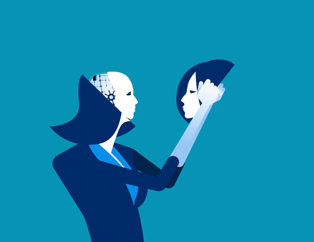 Robot in businesswomen head. Concept business technology vector illustration.