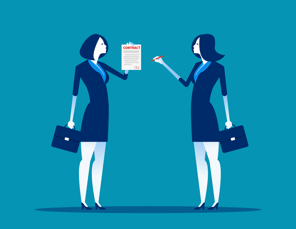 Businesswoman with partnership and agree to sign contract after to success business discussion. Concept  business vector illustration. Flat design style.