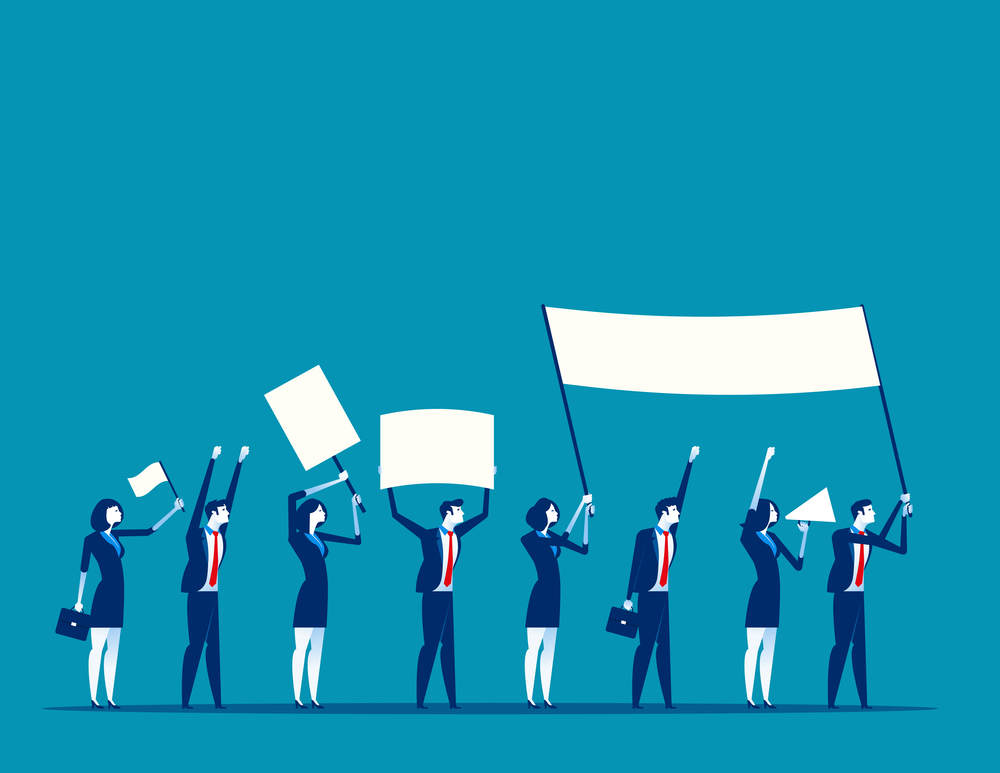 Protest. Men holding flags in a row. Concept business vector illustration.