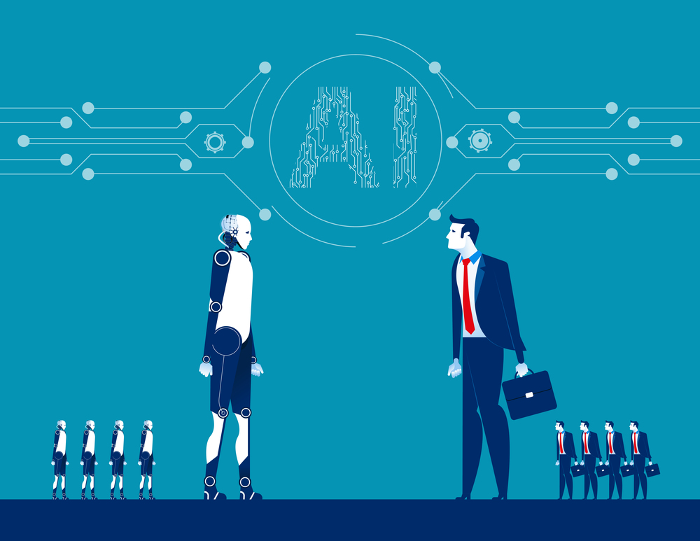 Robot and human. Concept business vector illustration. Flat design style.