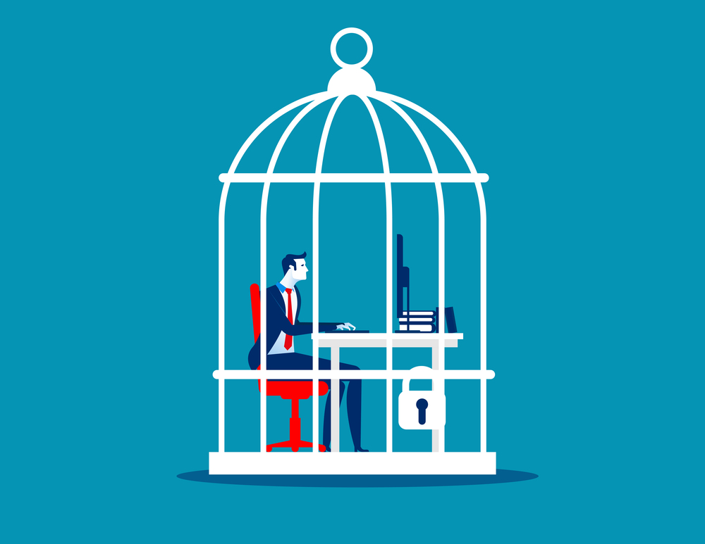 Business man working at desk trapped inside birdcage. Concept business vector illustration.