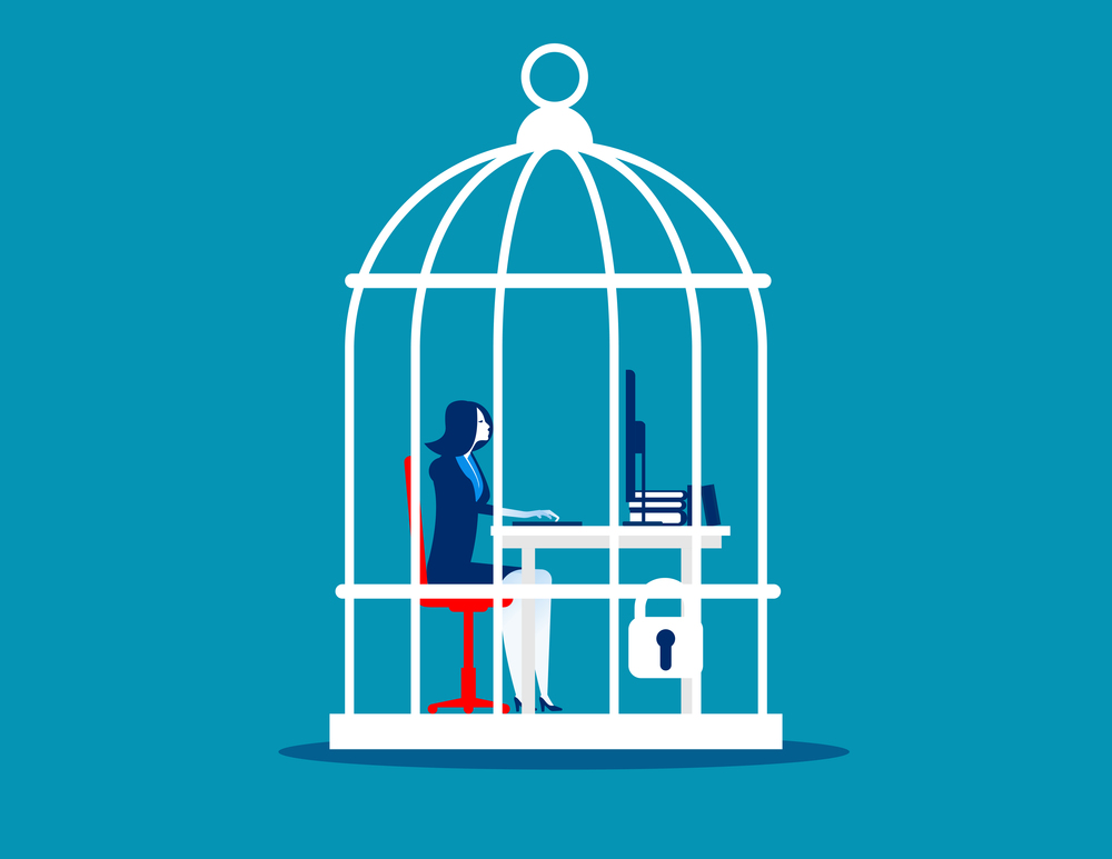 Business woman working at desk trapped inside birdcage. Concept business vector illustration.