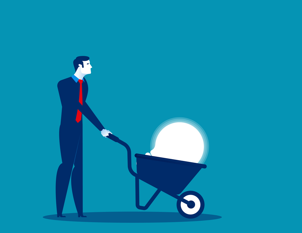 Businessman pushing light bulb with wheelbarrow. Concept business vector illustration.