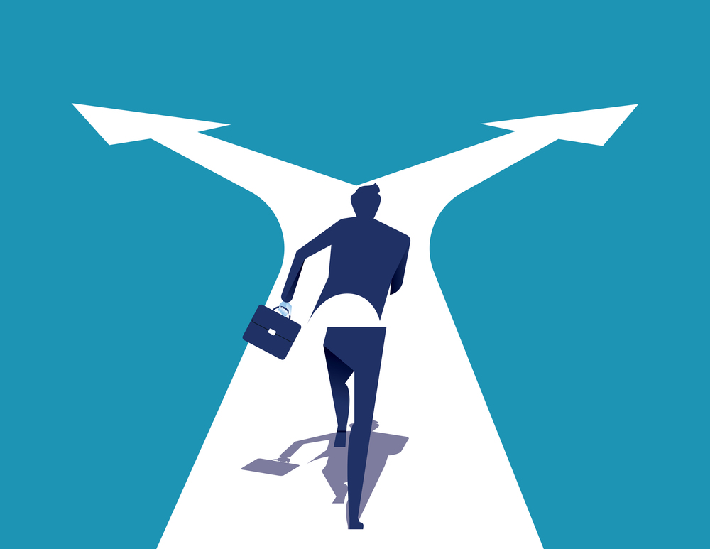 Choice. Businessman running on crossroads. Concept business vector illustration.