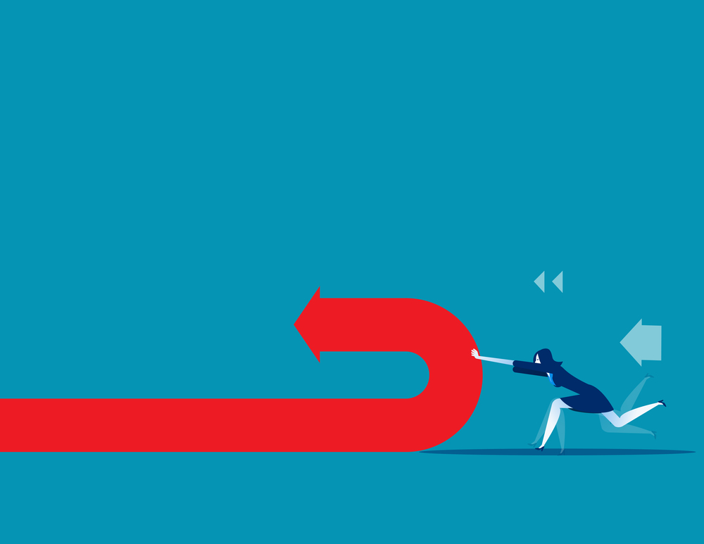 Businesswoman pushing and changing arrow direction. Concept business vector illustration.