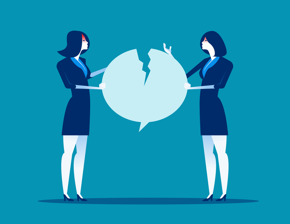 Fighting over speech bubble. The quarrel between employees. Concept business vector illustration.