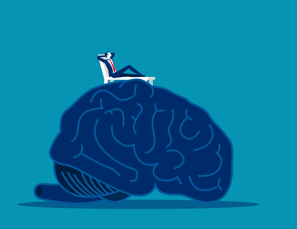 Brain relax. Man relax on top of large brain. Concep business vector illustration.