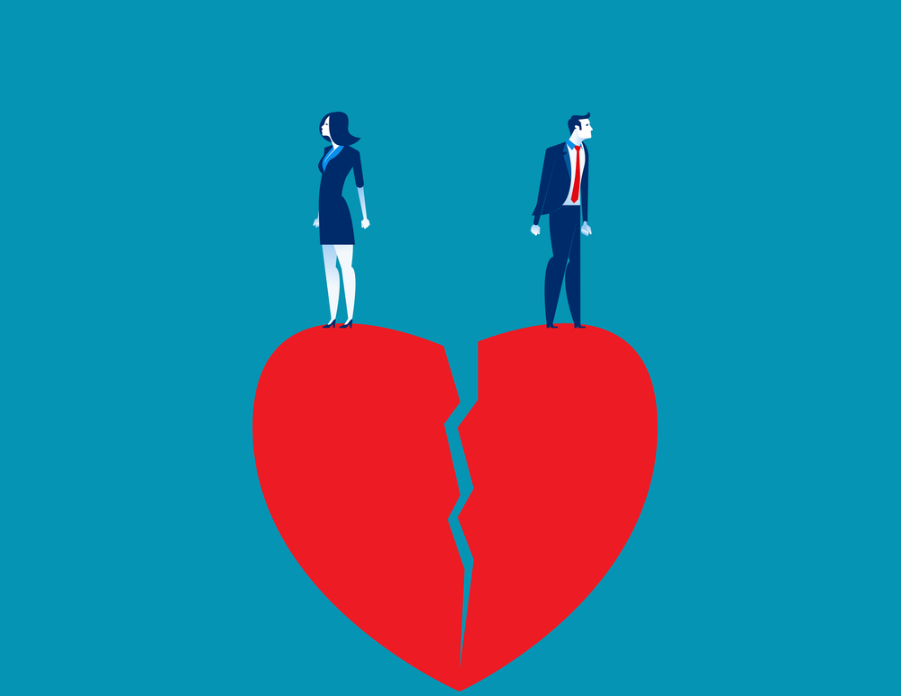 Couple standing on top of broken heart. Concept people vector illustration.
