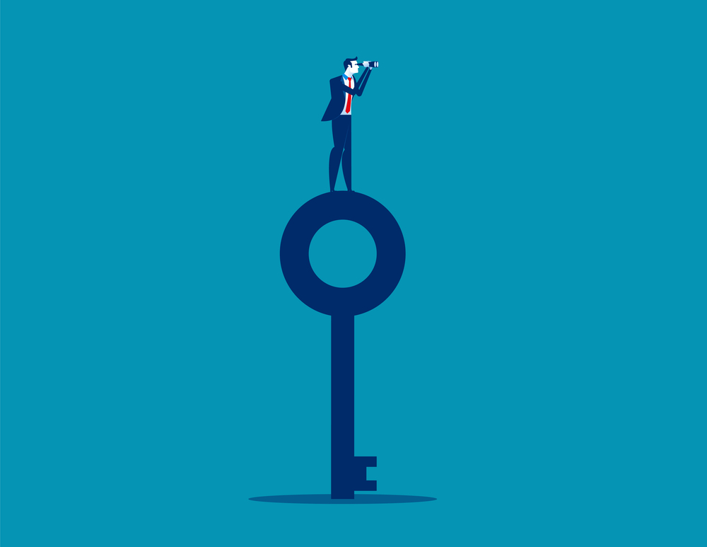 Businessman standing on top key and looking through telescope. Concept business vector illustration.