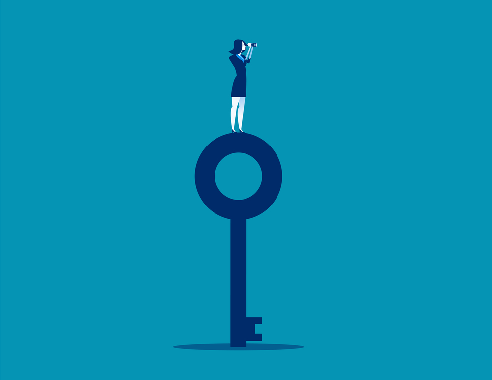 Businesswoman standing on top key and looking through telescope. Concept business vector illustration.