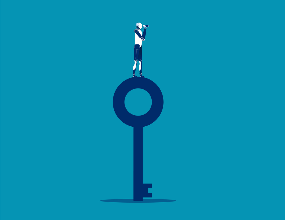Robot standing on top key and looking through telescope. Concept business vector illustration.