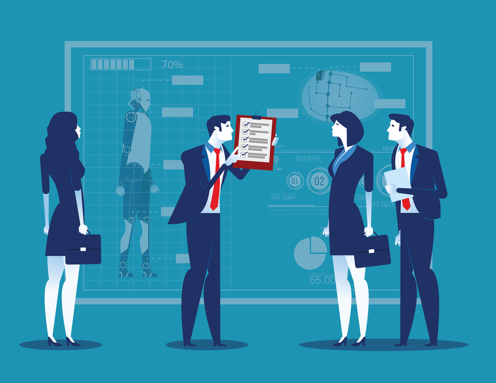 Business people with analysis results and presentation to partners. Concept business vector illustration.