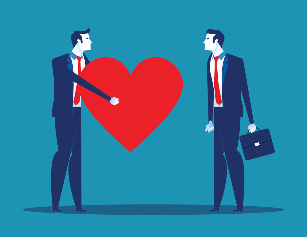 Sincerity. Business people giving heart for partner. Concept business vector illustration.
