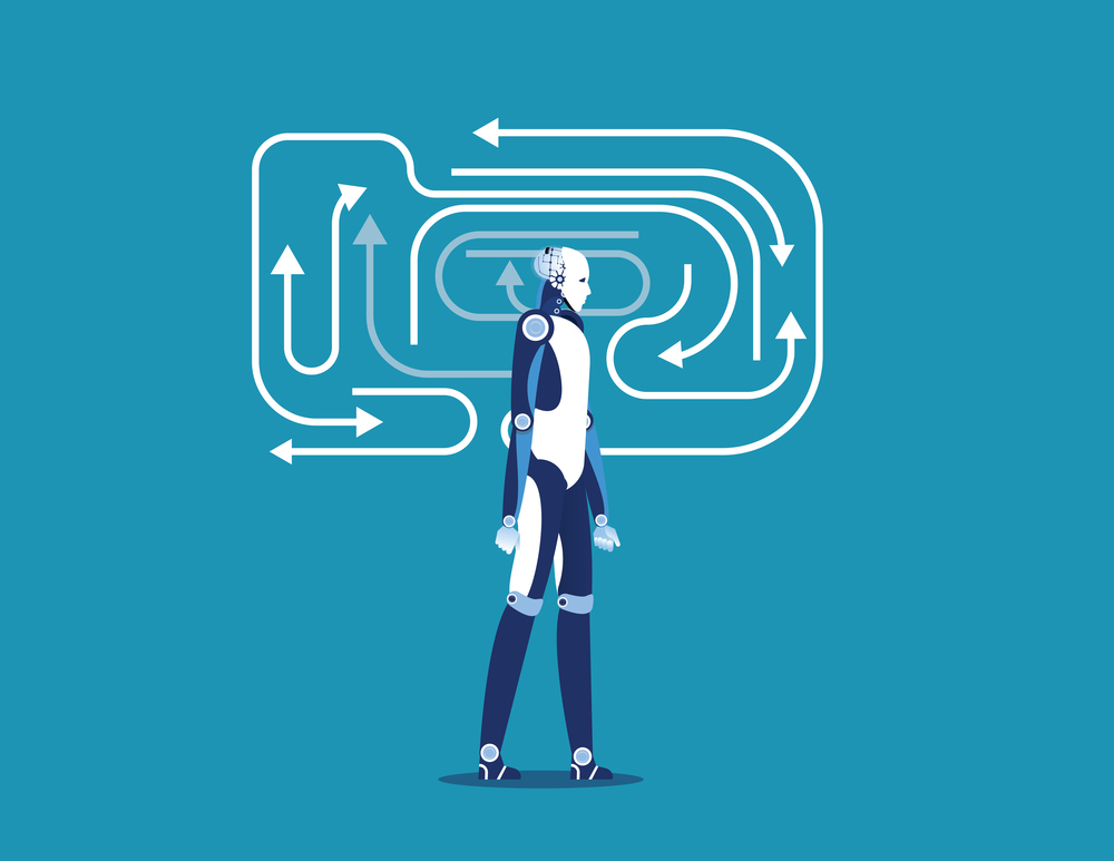 Robot and confusion thoughts. Concept business vector illustration. Flat design style.. Robot and confusion thoughts. Concept business vector illustration. Flat design style.