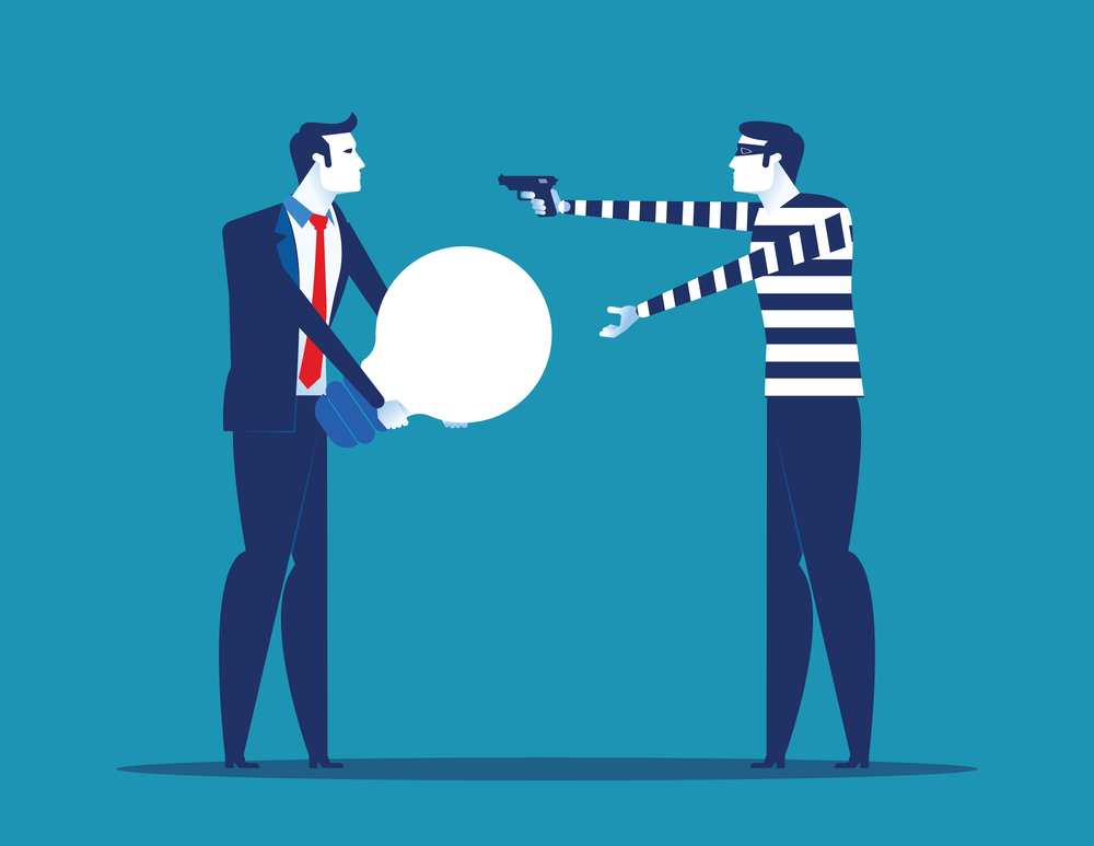 Thief stealing ideas from business person. Concept business vector illustration.