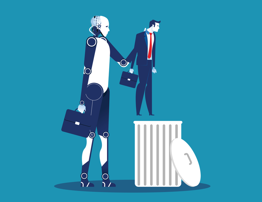 Robot vs human. Work replace human technology. Concept automation vector illustration.