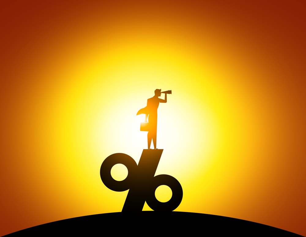 Silhouette Man looking through telescope standing on top of percentage sign. Concept business illustration