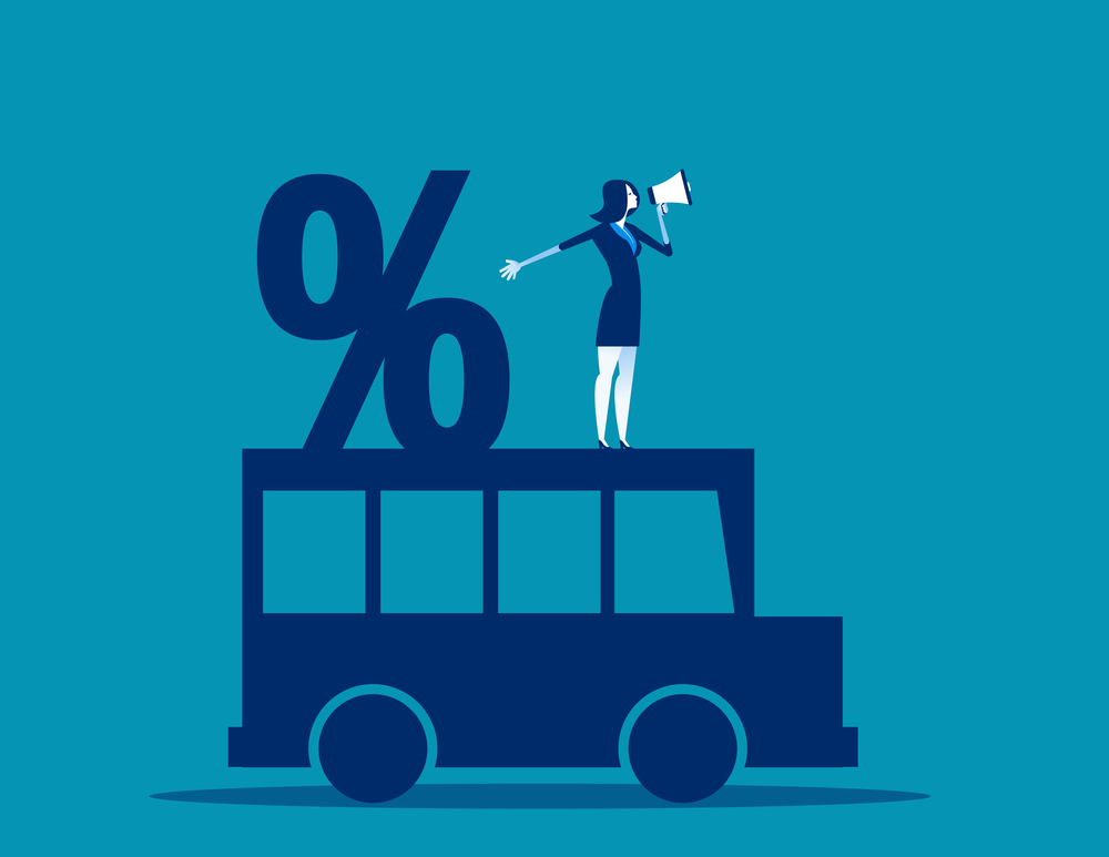 Businesswoman and percentage on car. Concept business vector illustration, Flat business cartoon, Character design style.