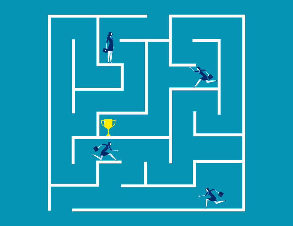 Business team and partnership running and navigating maze to success. Concept business vector illustration. Flat business cartoon, Maze, Teamwork.