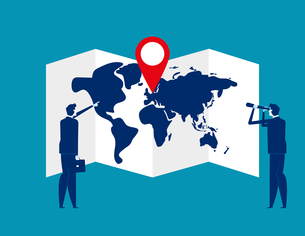 Business team searching for map with a pin. Concept business vector illustration. Pin, Searching.