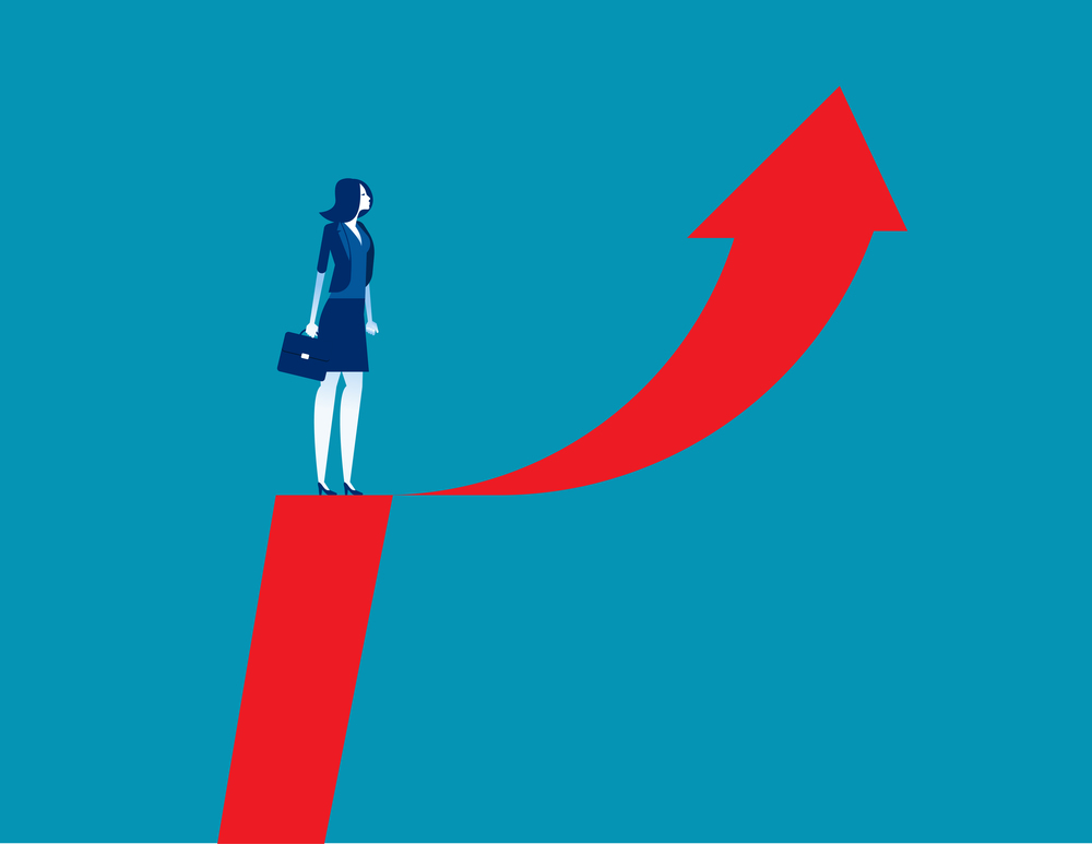 Businesswoman and arrow symbol. Concept business vector illustration, Growth, Race to top.