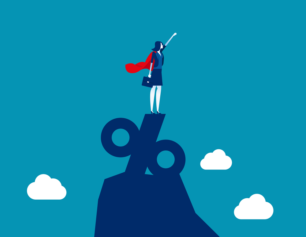 Super business businesswoman standing on the top of percentage sign. Concept business vector illustration, Leader or manager, Percent and Growth, Achievement.