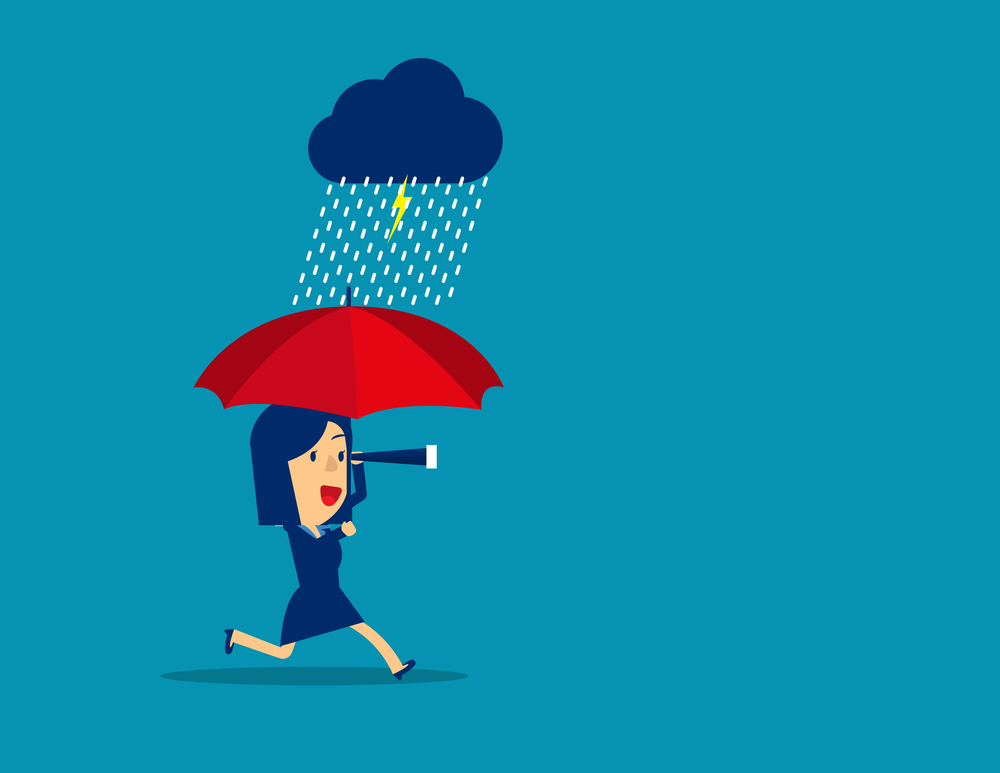 Businesswoman working with rainy day. Concept business vector, Binoculars, Umbrella.