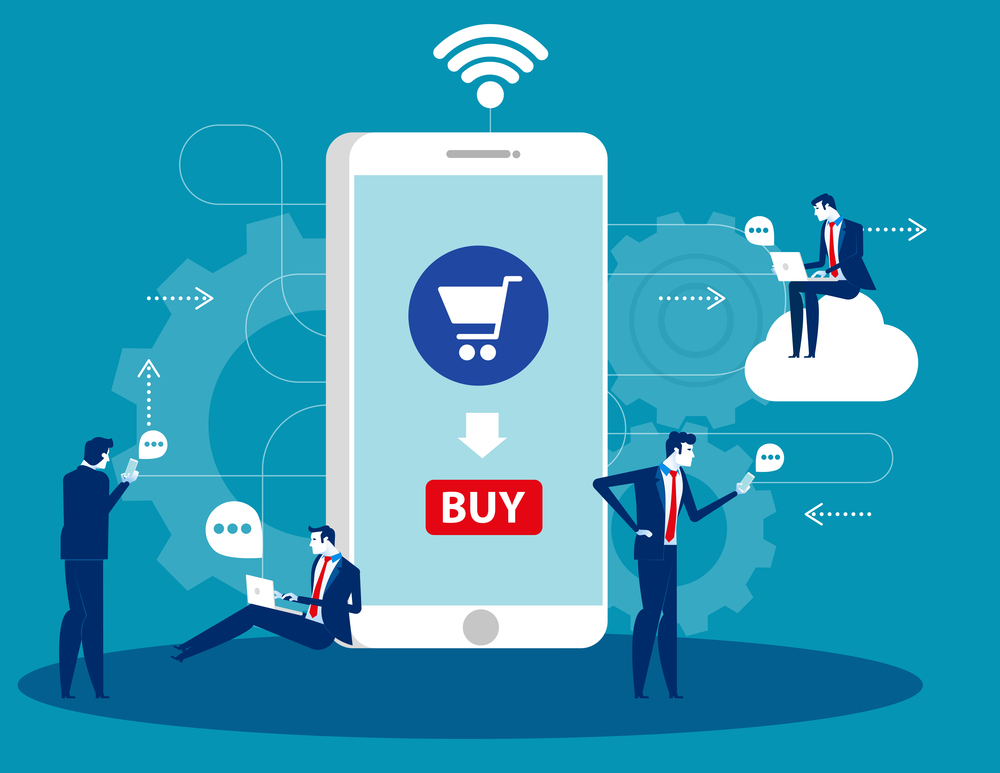 People are around a huge smartphone buying some at online store. Concept business technology vector illustration. Technology, Network & Connection.