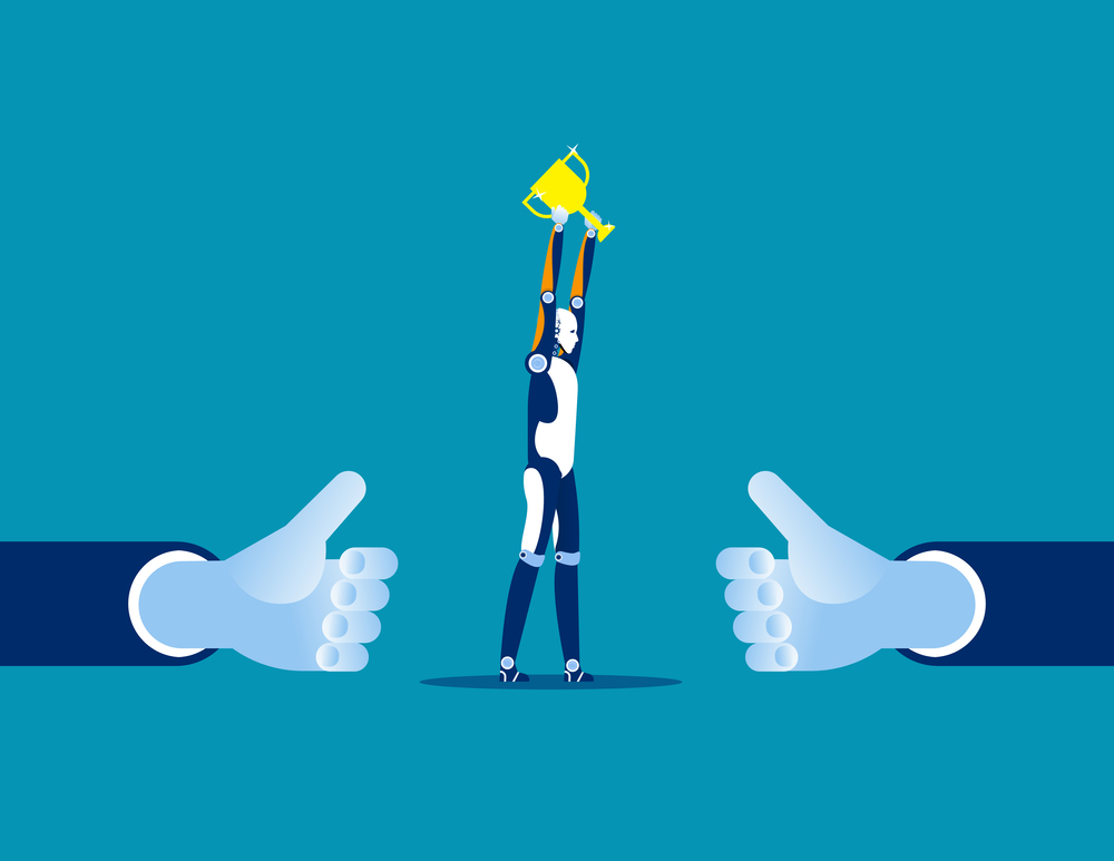 Human showing thumb up to robot technology. Concept business vector illustration. Successful, Prize.