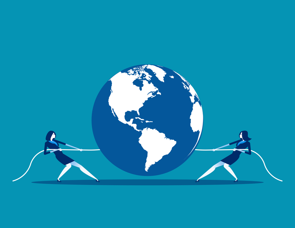 Global competition. Concept business vector illustration, Teamwork, Partnership, Tug War.