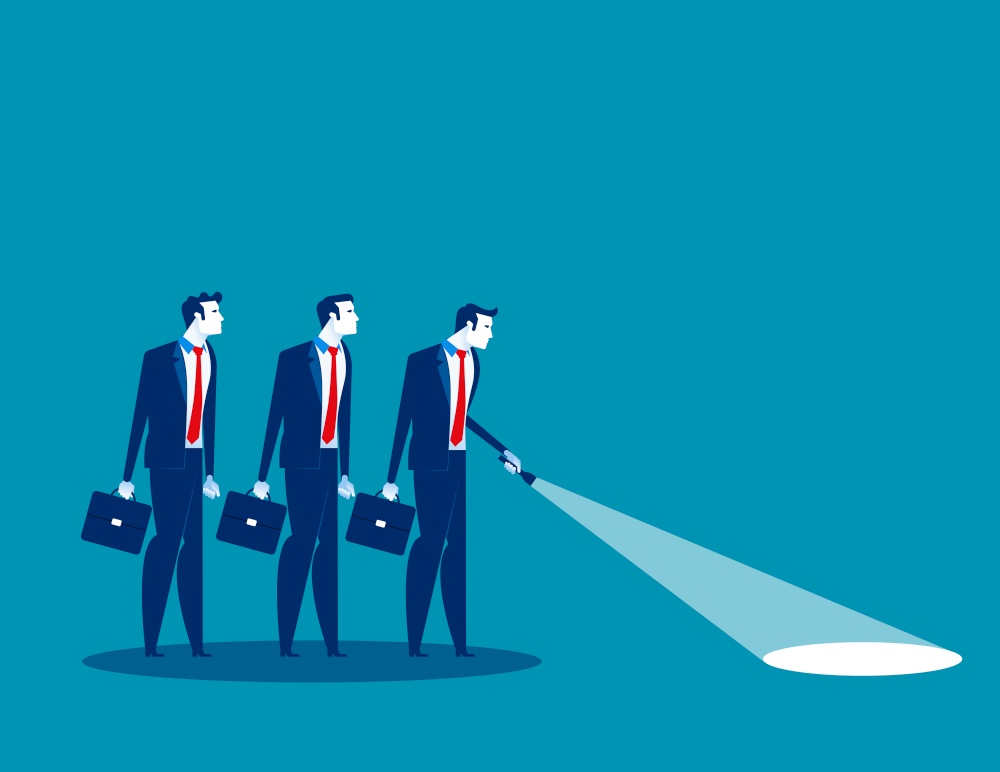Leader with flashlight leading his colleagues to success. Concept business vector illustration, Teamwork.