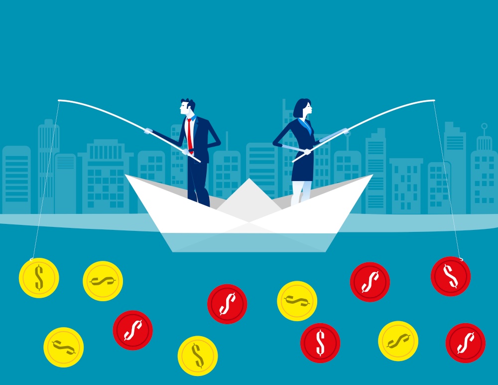 Business team fishing coins. Concept business currency vector illustration, Flat business character, Cartoon style design.