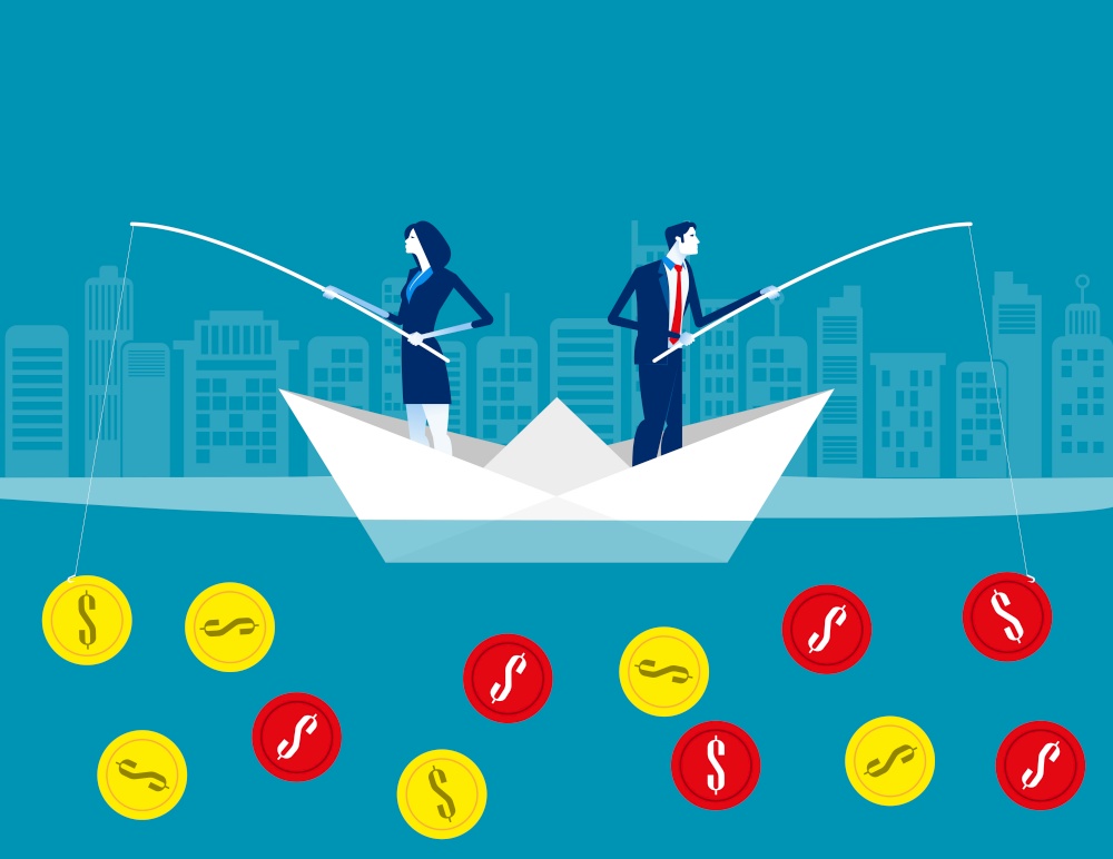 Business team fishing coins. Concept business currency vector illustration, Flat business character, Cartoon style design.