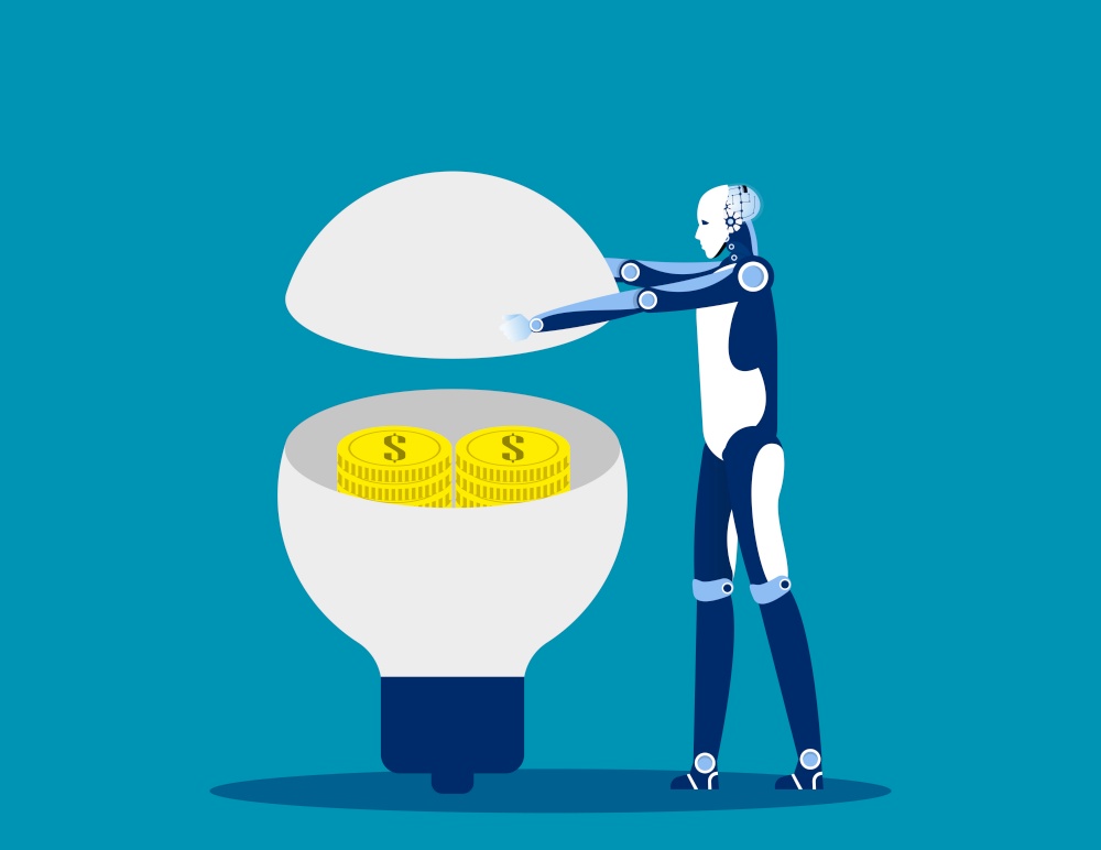 Robot ideas make money. Concept business success vector illustration, Open bulb, Flat business character style.