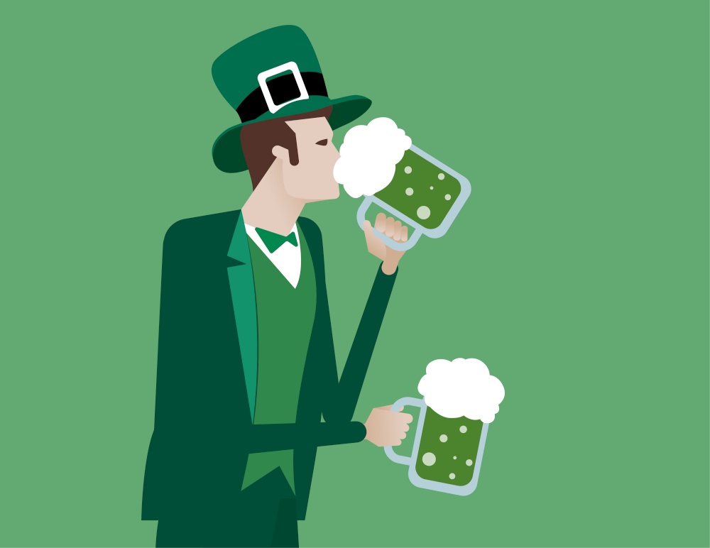 Saint Patrick&rsquo;s Day. Man is holding and drinking a green beer. Concept holiday culture celebration vector illustration