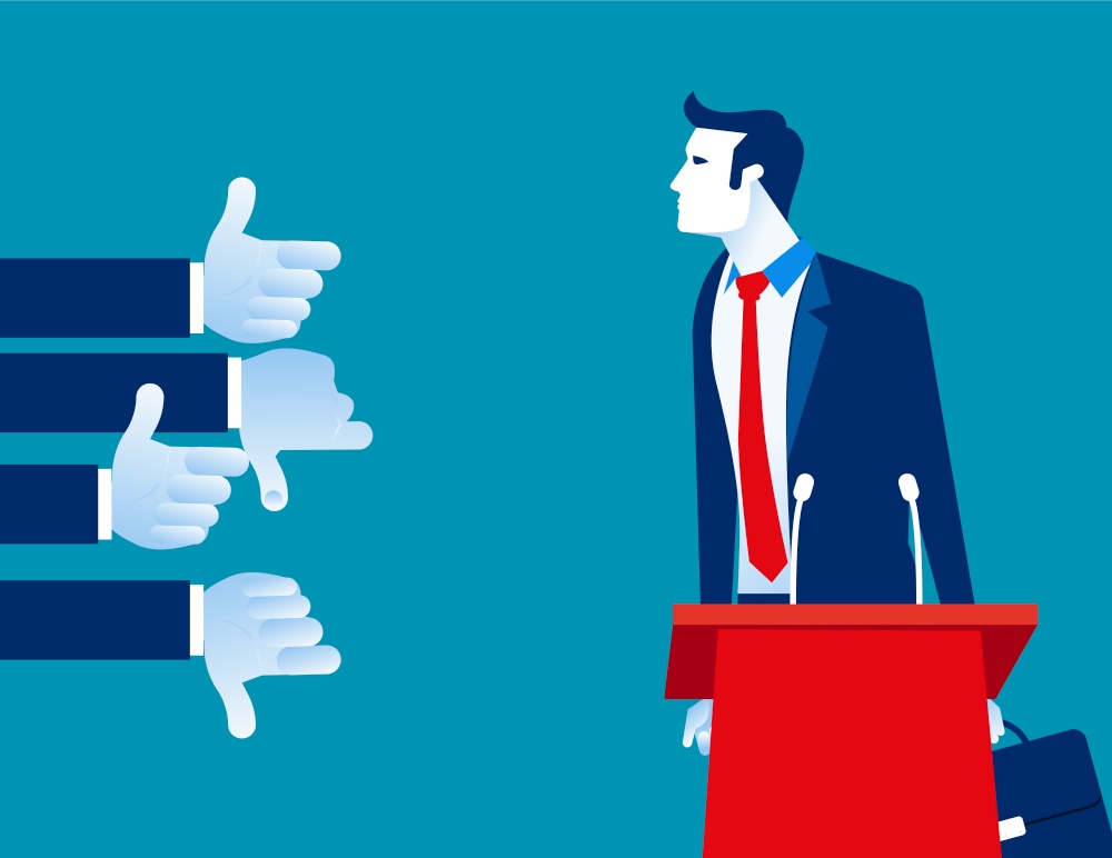 Businessman with like and dislike hands. Concept business vector, Speaker, Response, Audience.