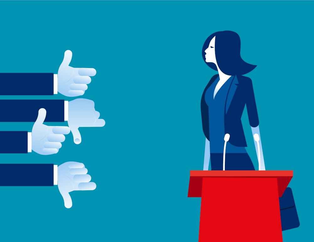 Businesswoman with like and dislike hands. Concept business vector, Speaker, Response, Audience.