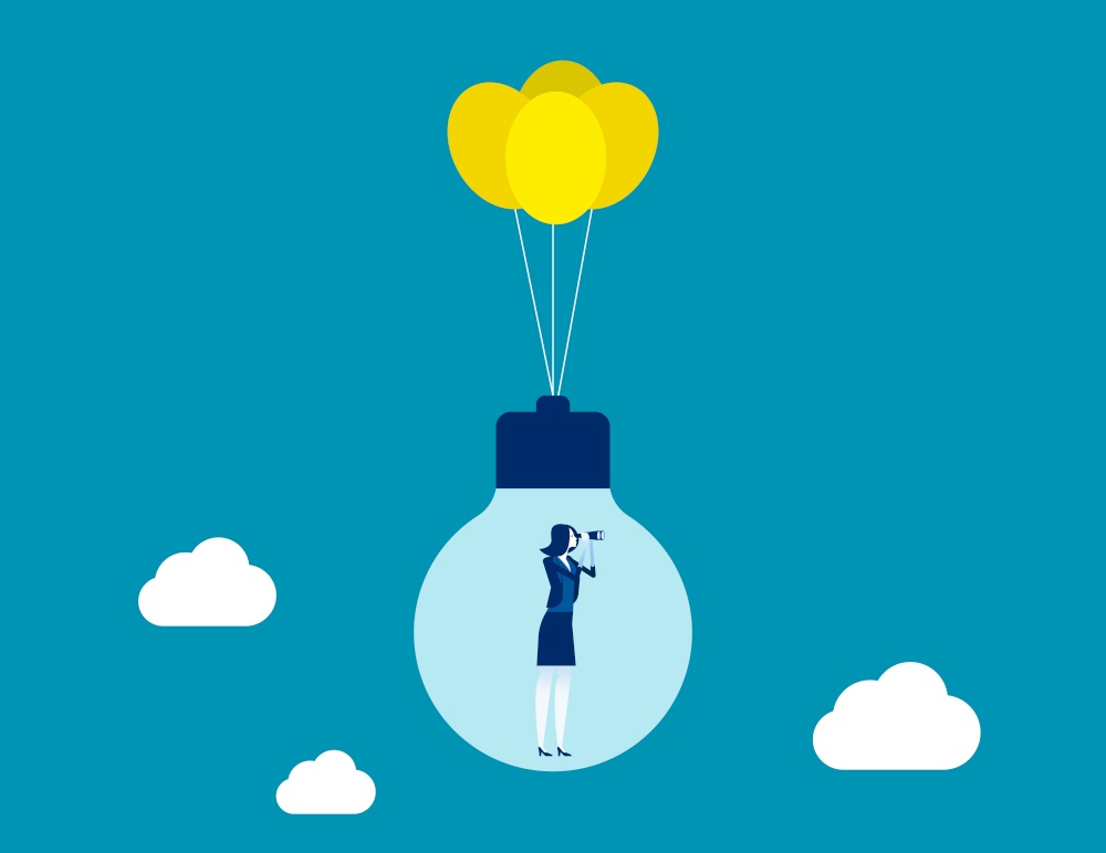 Businesswoman flying with some balloons and searching, Concept business vector, Light bulb, Outdoor