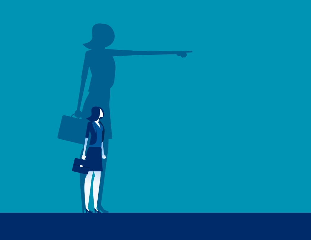 Businesswoman and shadow pointing to target. Concept business vector illustration,  Achievement, Direction.