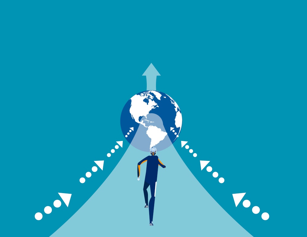 Robot run into globe. Concept business vector illustration, Competition, Leader.