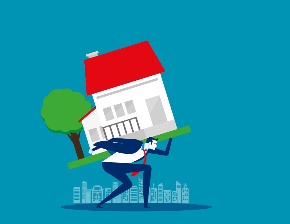 Businessman home carrying on back. Concept business vector illustration,  Loan, Risk, Debt.