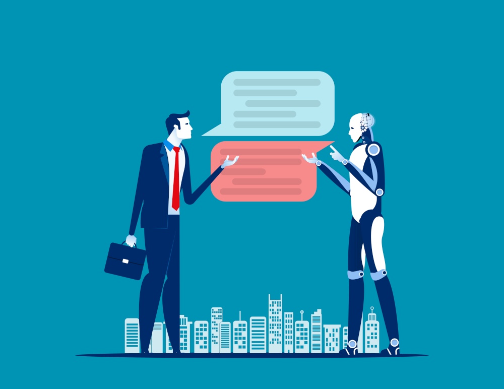 Businessman chatting for help bot. Concept business vector illustration, Chatbot, Message, Technology.