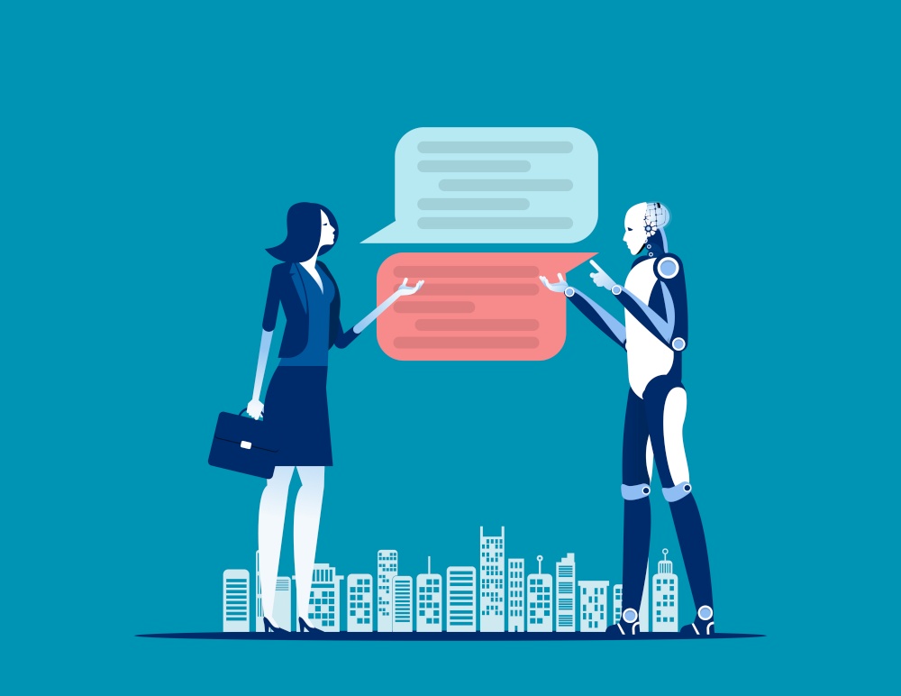 Businesswoman chatting for help bot. Concept business vector illustration, Chatbot, Message, Technology.