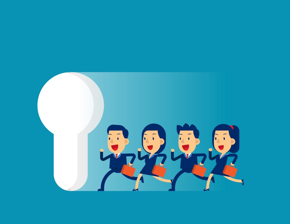 Business team running to large keyhole. Concept cute business vector illustration,  Achievment, Motivation.