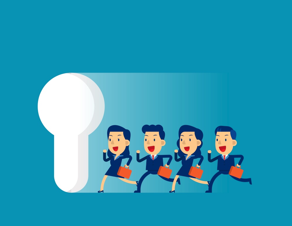 Business team running to large keyhole. Concept cute business vector illustration,  Achievment, Motivation.