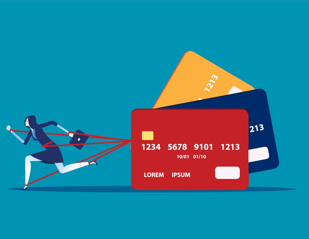 Business woman and committed debt with credit card. Concept business vector illustration, Investor, Risk.