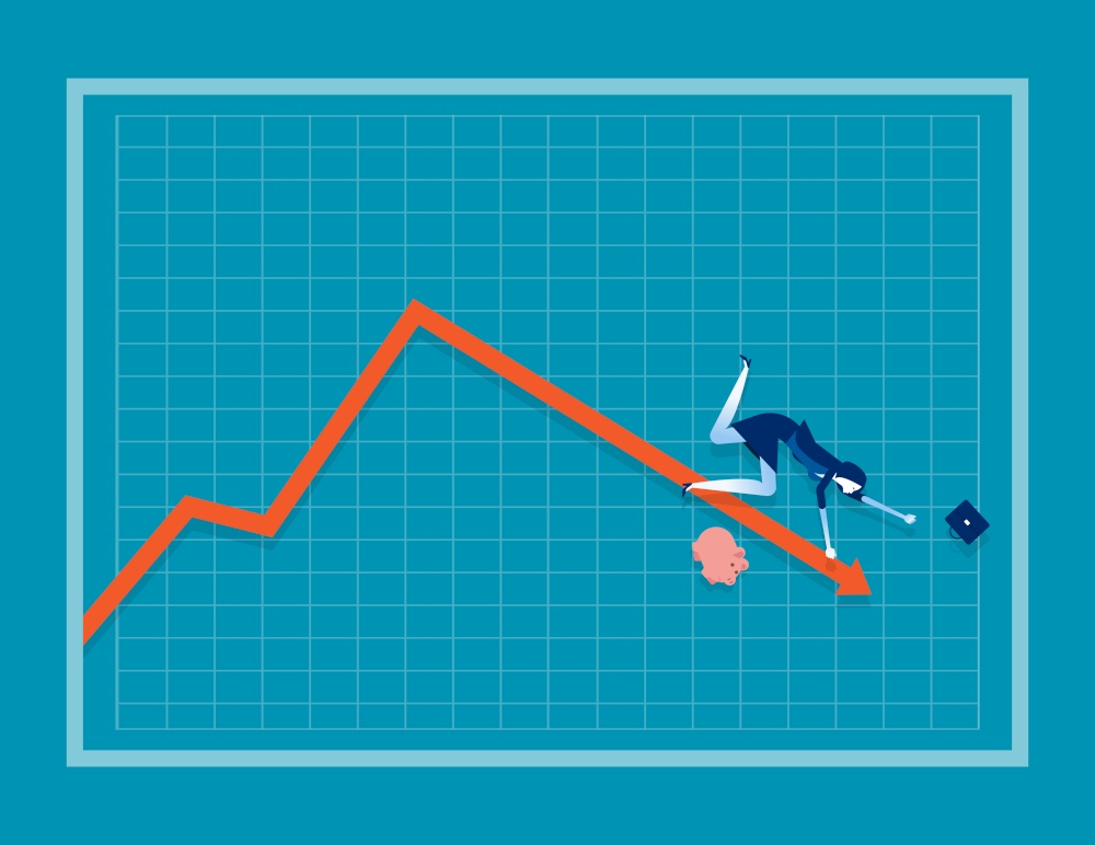 Businesswoman falling down a red arrow on a chart. Concept business vector illustration, Risk, Problem.